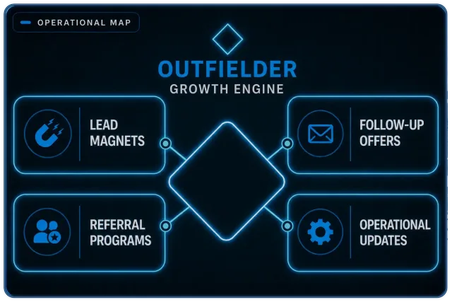 Outfielder growth engine diagram — lead magnet, monthly offers email, referral program, and connected operational systems